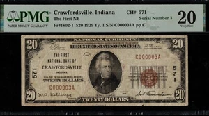 1929 $20 1ST NB CRAWFORDSVILLE IN LOW SERIAL #3 - Picture 1 of 3