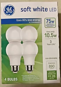 GE 75Watt LED 4 Light Bulbs Soft White A19 Medium Base E26 890 Lumens - Picture 1 of 5