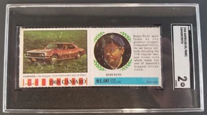 Babe Ruth Camaro Car 1968 American Oil Panel Baseball Card Classificato SGC 2 - Foto 1 di 4