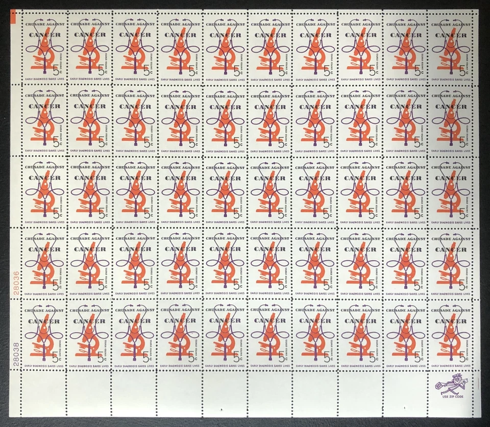 US Stamp 1965 Mint Sheet Scott #1263 Crusade Against Cancer 5c x 50 Stamps OG XF - Image 1 of 1