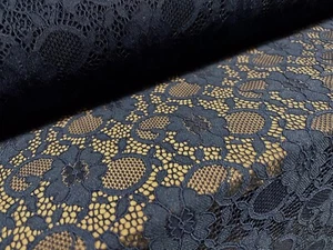 Stretch Lace Dress Fabric With Spandex, Scalloped Selvedge, Per Metre - Navy - Picture 1 of 4