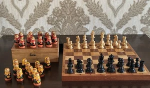 Vintage 1960s wood chess set STAUTON soviet checkers matryoshka handmade - Picture 1 of 23