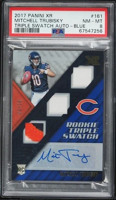 2017 Panini XR #161 Mitchell Trubisky 3/10 RC Triple Swatch Auto Blue PSA 8 - Image 1 of 2