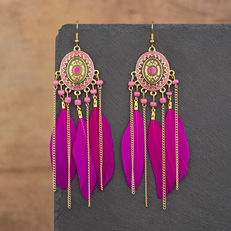 BOHO Feather Beaded Earrings Fringe Tassel Bohemian Ethnic Dangle Drop Handmade - Image 1 of 4