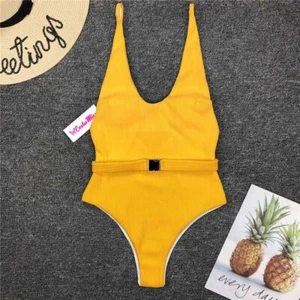 Costume da bagno intero donna monokini giallo scollo rotondo schiena aperta a V - Picture 1 of 4