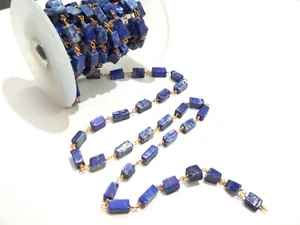 5 Feet Natural Lapis Lazuli Square 4x7-5x9mm Beads Rosary Chain Gold Wire - Picture 1 of 4
