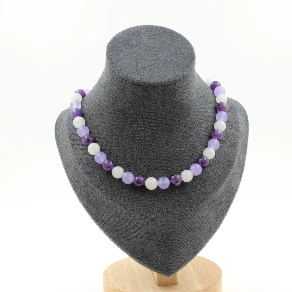 Collana Perle Ametista + Calcedonio Lavanda + Pietra di Luna 8 MM Catena IN AC - Immagine 1 di 3