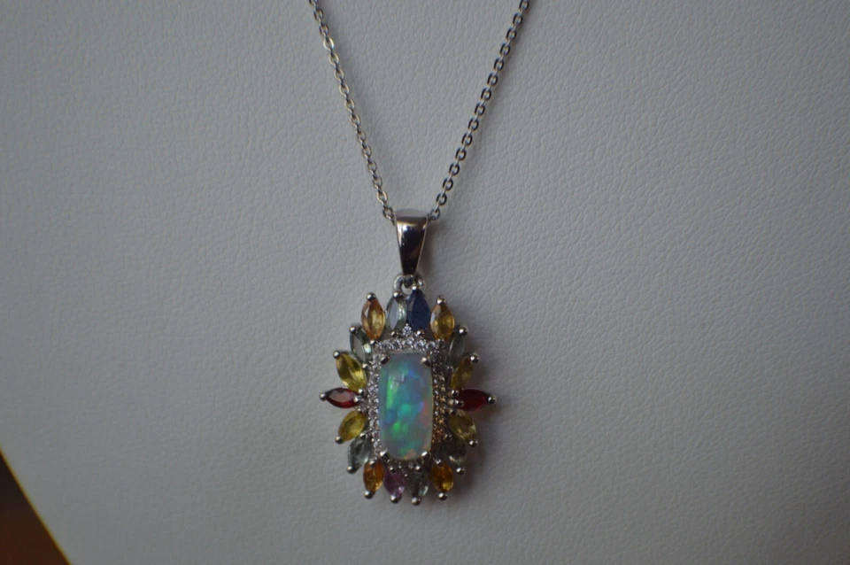 Colgante de ópalo etíope de 3,15 quilates/multi gema y cadena de 20" platino sobre plata fina Foto 1 de 1