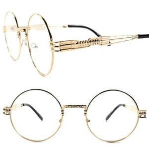Vintage Style Funky Steampunk Mens Womens Round Circle Clear Lens Black Glasses - Picture 1 of 4