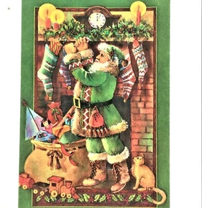 Christmas Card, Santa (Green Suit)  Filling Stockings Dog & Cat Fireplace 4"X6" - Picture 1 of 4