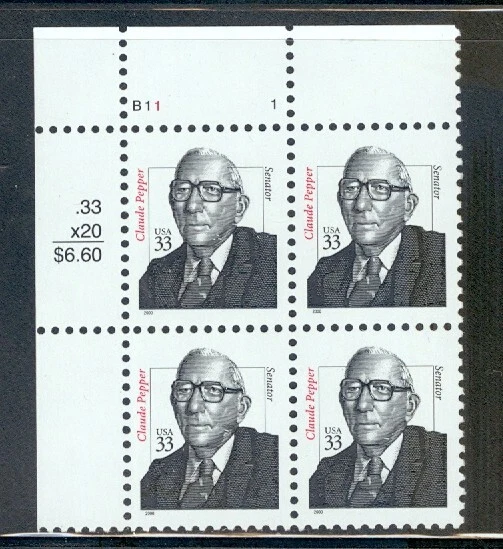 US 3426 Claude Pepper, Florida Senator, Plate # Block/4, Mint NH, margins vary - Image 1 of 1