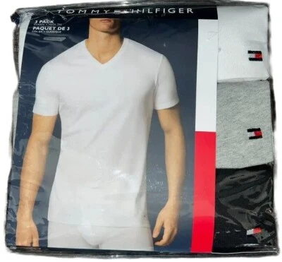 3 CAMISETAS INTERIORES TOMMY HILFIGER ALGODÓN NEGRO BLANCO ROJO CUELLO EN V S M L XL XXL Foto 1 de 4