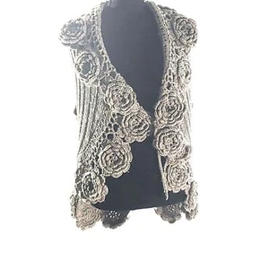 Roz & Ali VTG Wool Blend Crochet Tan Rosette Tie Snap Over Shrug Vest Size 14/16 - Picture 1 of 7