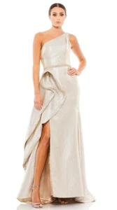 Mac Duggal One Shoulder Metallic Ruffled Evening Gown Dress Size 14 Oyster $598 - Picture 1 of 19