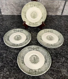 6 Vtg Royal Currier & Ives 6” Green Saucers Butter Churn ~ Yoke & Plow RYL112 - Picture 1 of 3