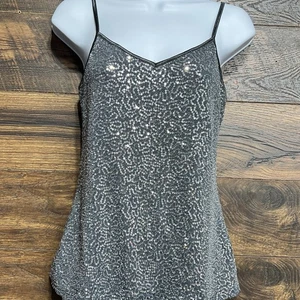 Canotta EXPRESS grigio argento paillettes spaghetti cinturino aderente Cami Peplum Small Club - Foto 1 di 16