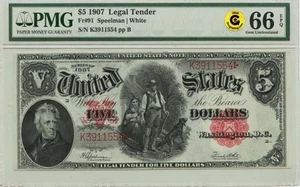 1907 $5 Legal Tender Fr#91 PMG Gem 66 EPQ GCC Gold - Picture 1 of 2