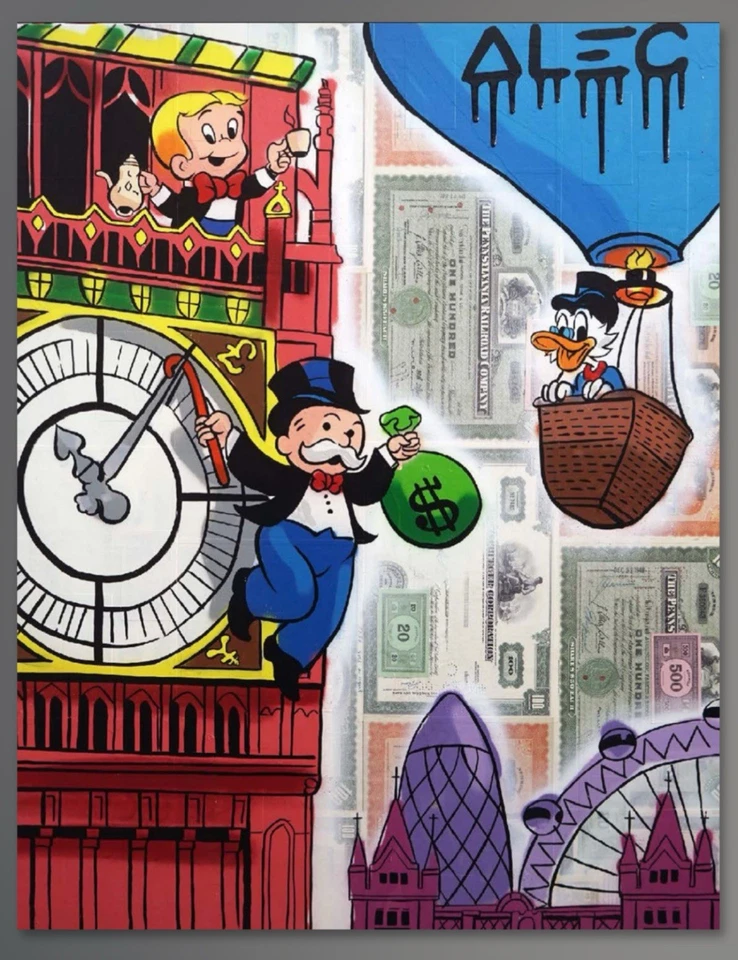 Alec Monopoly $ Team in London Hanging on Big Ben Print On Canvas 24x36” - Image 1 of 1