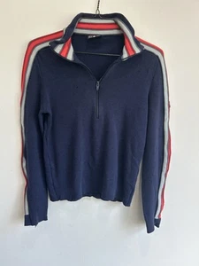 Vintage Demetre Sweater Mens Medium Blue Wool 80s Collar Logo Stripes USA FLAWS - Picture 1 of 11
