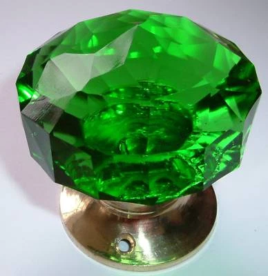 green door knobs mortice handle large cut  glass  (pair) Brass base 6.5 cm - Image 1 of 3