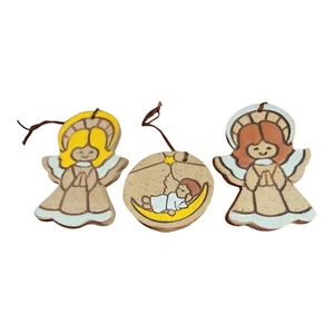Vintage Hand Painted Clay Angel Christmas Ornaments Set Of 3 Folk Art Primitive  - Picture 1 of 5