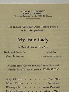 Vintage My Fair Lady Theater Program Indiana University School of Music 79-80 - Picture 1 of 13