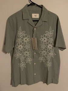 Folk Healey S/S Button Up Hawaiian Shirt Linen Blend Green Floral- Men's M - New - Picture 1 of 4