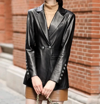 Womens Black Leather Button Down Blazer/Coat Double Breasted Real Lambskin Suit - Image 1 of 4