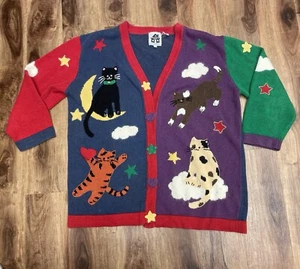 Vintage Storybook Knits Sweater Women 1X Black Cats Star Moon Grandma Kitschy - Picture 1 of 15
