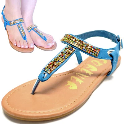 Nuevo Mujer Zapatos Punta Abierta Sandalias T Correa Informal Fiesta Color Estrás Azul Foto 1 de 4