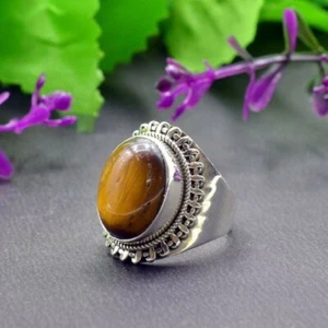 Tiger's Eye Oval Gemstone Bohemian Ring 925 Sterling Silver Handmade Men's Ring - Picture 1 of 8