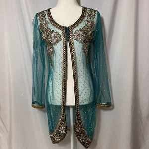 Indian teal organza floral pattern overlay Open Jacket Jeweled Bollywood Costume - Picture 1 of 17