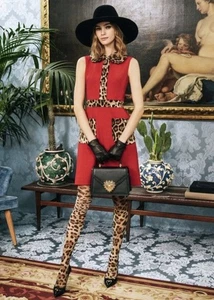 DOLCE & GABBANA Leopard print insert wool blend flared Red dress - Picture 1 of 13