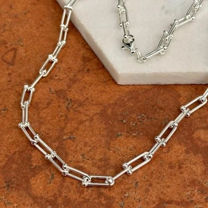 Collar de cadena de herrajes de eslabones en U lisos de plata maciza real 925 antideslustre - Imagen 1 de 7
