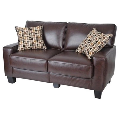 Bowery Hill Modern Leather Loveseat with 2 Pillows in Chestnut Brown - Image 1 of 4