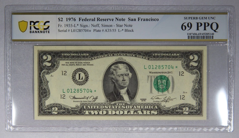 $2 1976 Federal Reserve Note San Francisco Fr. 1935-L* Star PCGS 69PPQ Low # - Image 1 of 3