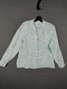 Charter Club Womens Shirt 16 Petite Blue White 100% Linen Floral Button Travel - Picture 1 of 10