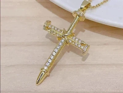 Real Moissanite 1Ct Round Cut Cross Men's Pendant 14K Yellow Gold Plated Silver - Image 1 of 4