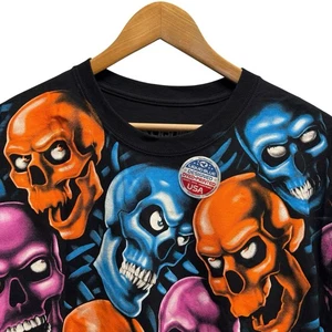 T-shirt girocollo retrò blu liquido 2020 uomo taglia L nera multicolore teschio pile - Foto 1 di 4