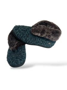 Acorn Woman's Blue & Black Sweater Faux Chinchilla Trim Booties Slippers Sz 9.5 - Picture 1 of 14