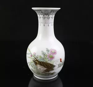 Vintage Chinese Hand-painted 5"H Porcelain Vase ~ Goose, Flowers, Calligraphy - Picture 1 of 10