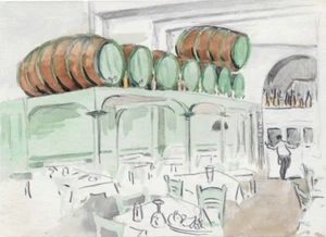 1950s Ivy Attwell Restaurant Wine Casks Watercolor - Picture 1 of 2