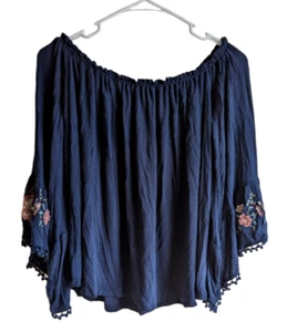 Altar’d State Navy Blue Floral Embroidered Bell Sleeve Off-The-Shoulder Blouse S - Picture 1 of 5