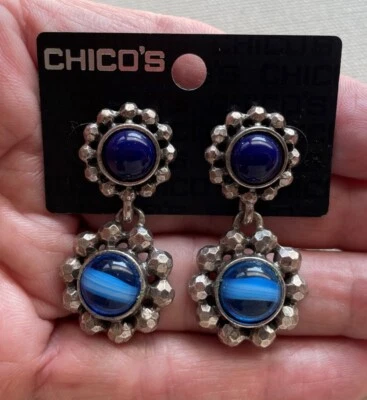 Pendientes Chico's Declaración Steampunk Cuelgan Tono Peltre Azul Vidrio Caviar 1.75" Foto 1 de 4