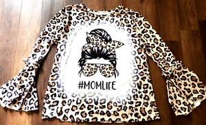 MOM LIFE Messy Bun Cheeta Print T-Shirt Size 2XL Ruffle Long Sleeves  - Picture 1 of 2