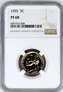 Excelente GEMA 1955 NGC PF 68 CAMAFEO Prueba PLATA Jefferson Níquel Moneda 5 CENTAVOS - Imagen 1 de 3
