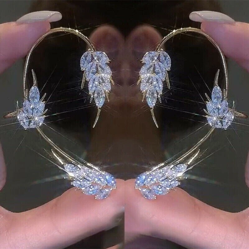 Pair Silver Gold Zircon Leaf Feather Ear Cuff Wrap Non Piercing Earring Women - Image 1 of 1