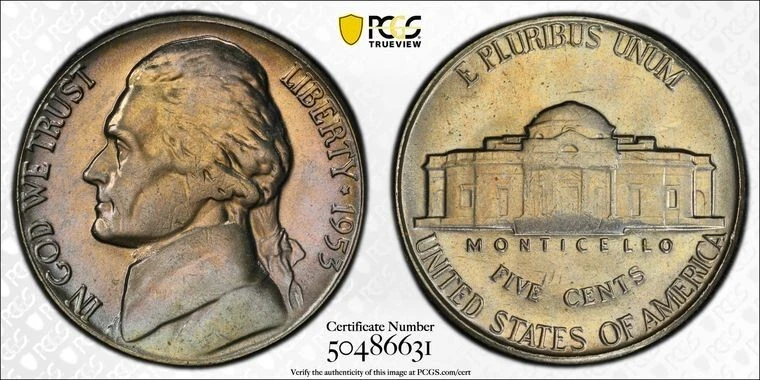 1953- Philadelphia Jefferson Five Cent Coin PCGS MS66 Trader Bea 🐝  Purple Core - Image 1 of 3