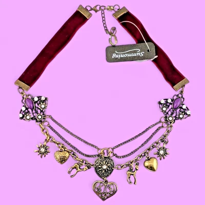 BURGUNDY VELVET NECKLACE brass deer charm hearts retro rhinestones bib K4 - Image 1 of 4