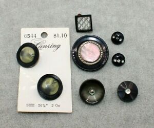 5024~Qty 8 Lot Vintage Black Plastic Buttons Rhinestone MOP Size Ranging 11-33mm